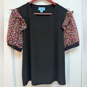 CeCe Black Top with Pink Floral Sleeves